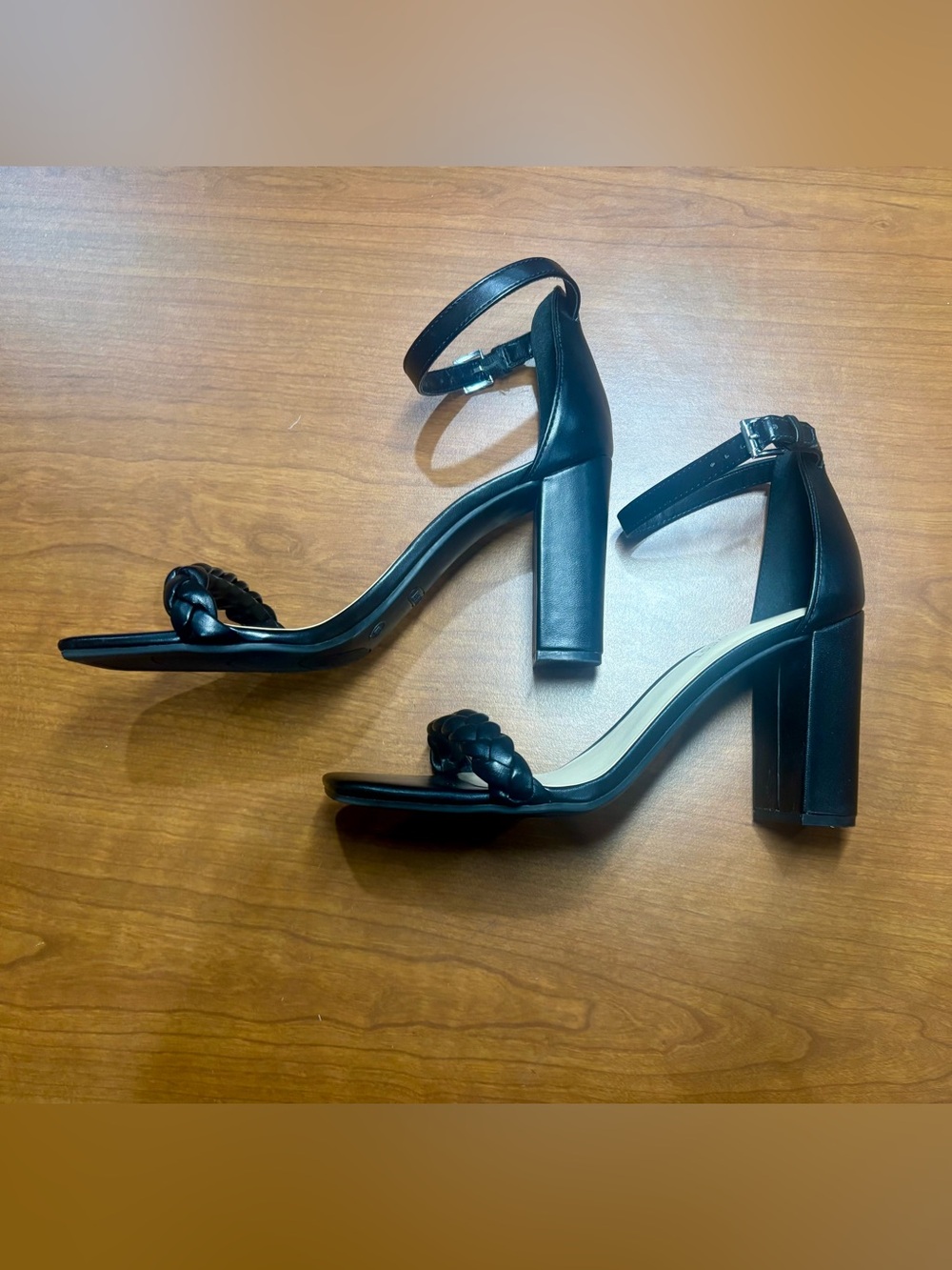 Nine West Black Braided Ankle-Strap Block Heel Sandals